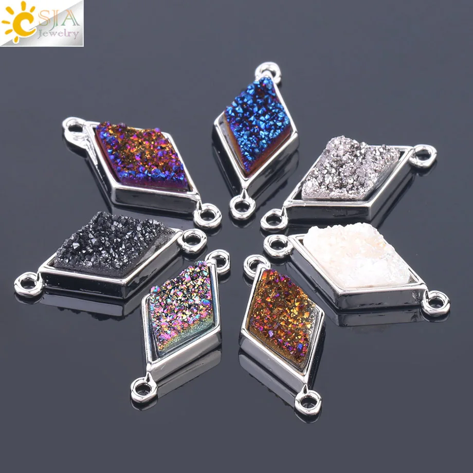 

CSJA Natural Druzy Beads Rhombus Double Buckles Quartz Connector Shiny Mixed Color Jewelry Findings for Women DIY Bracelets F678