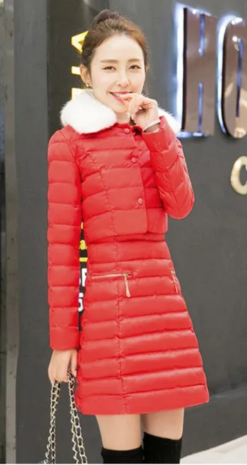 Зима хлопок вниз комплекты из двух предметов платье Для женщин пальто и платье модные осень-зима парки куртки женские хлопковые пуховые