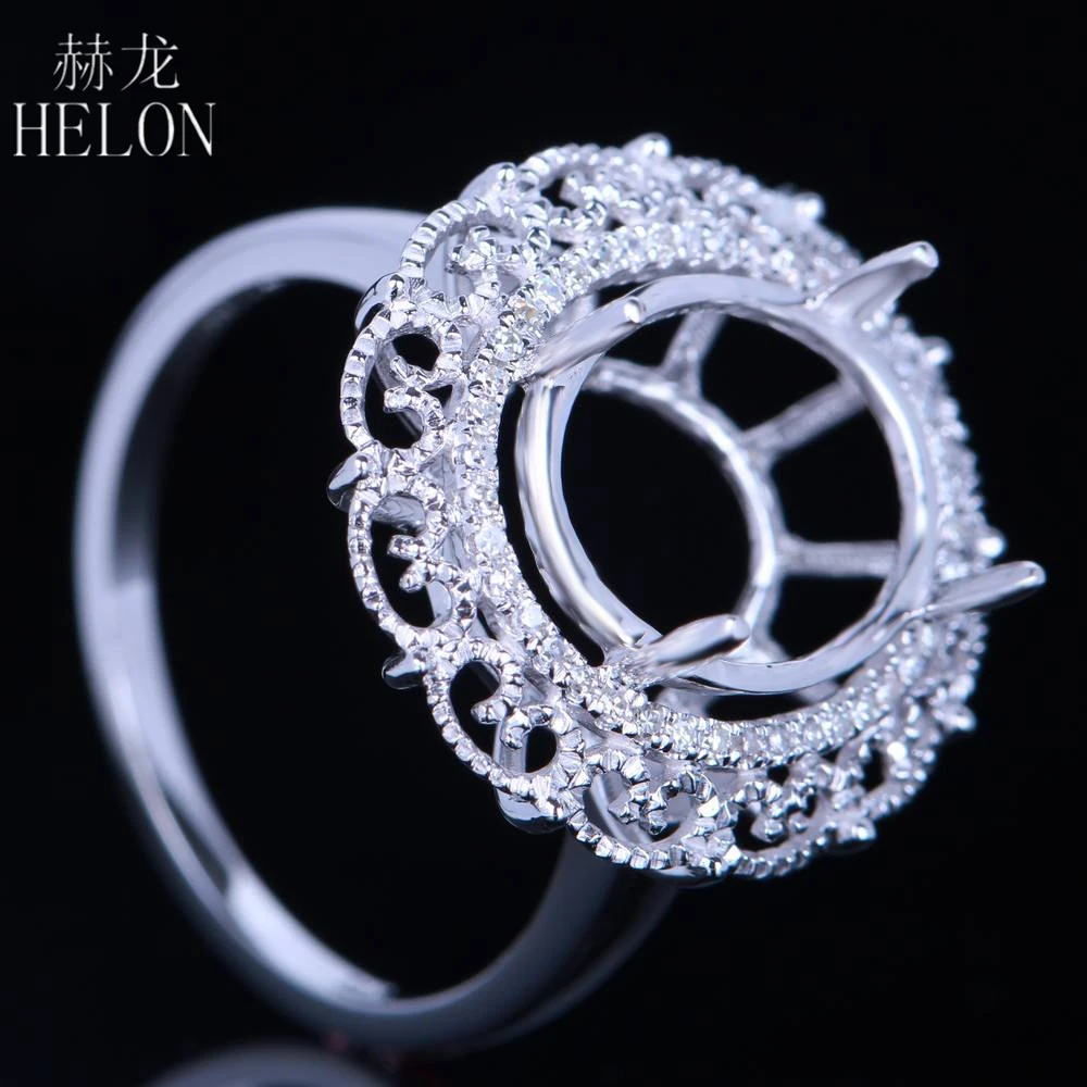

HELON Sterling Silver 925 Oval 9X11mm Pave Natural Diamonds ring Engagement Wedding Semi Mount Filigree Halo Fine Jewelry Ring