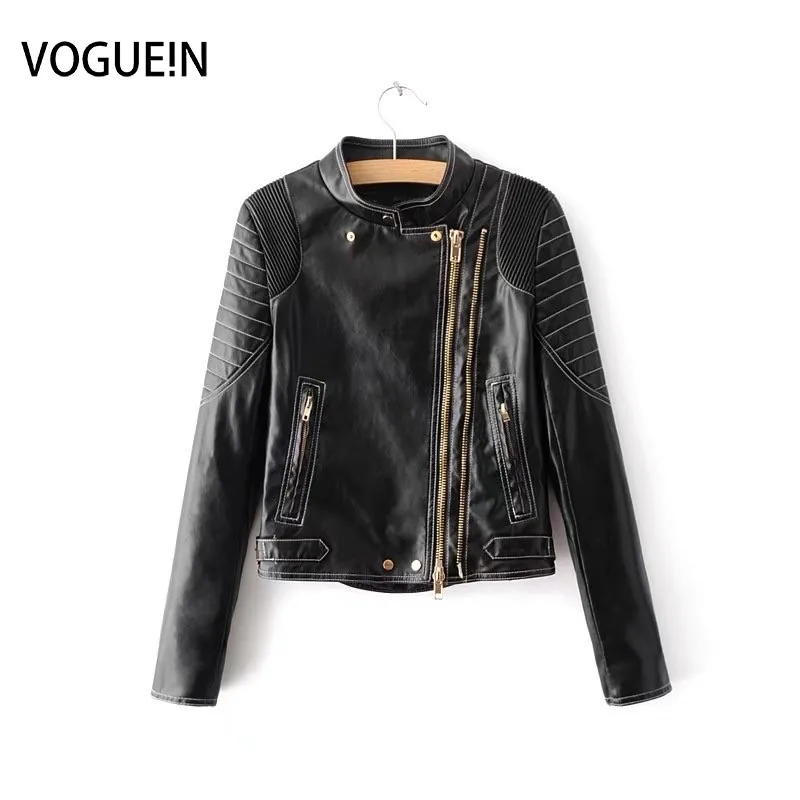 VOGUEIN New Womens Black Golden Zippers Faux Leather Motorcycle Bomber