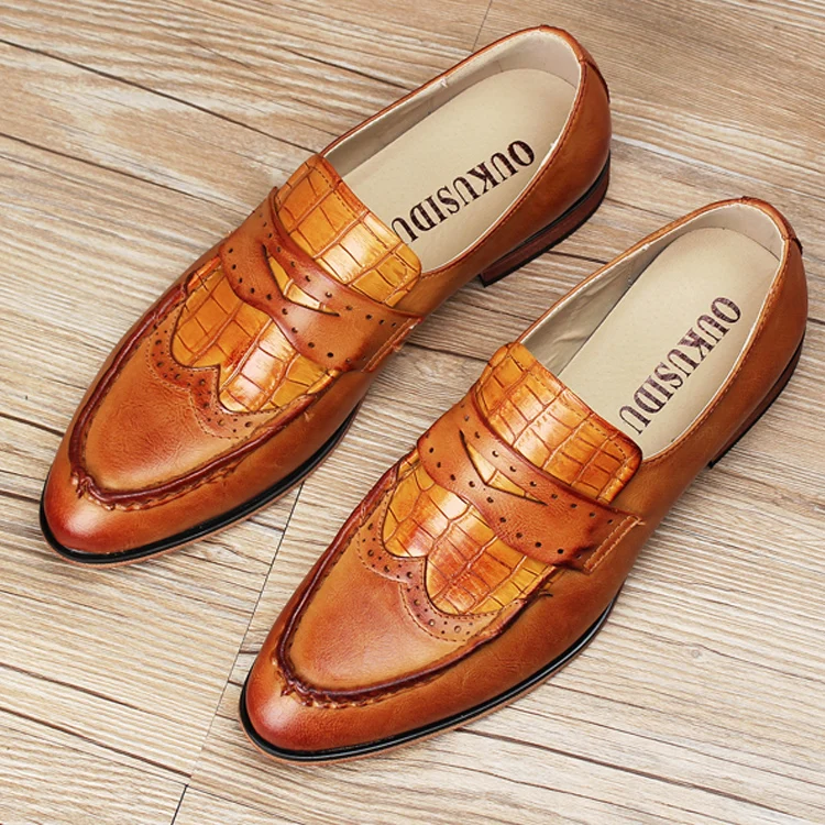 

men luxury fashion wedding business dress alligator print genuine leather brogue shoes slip on lazy shoe carved bullock loafer