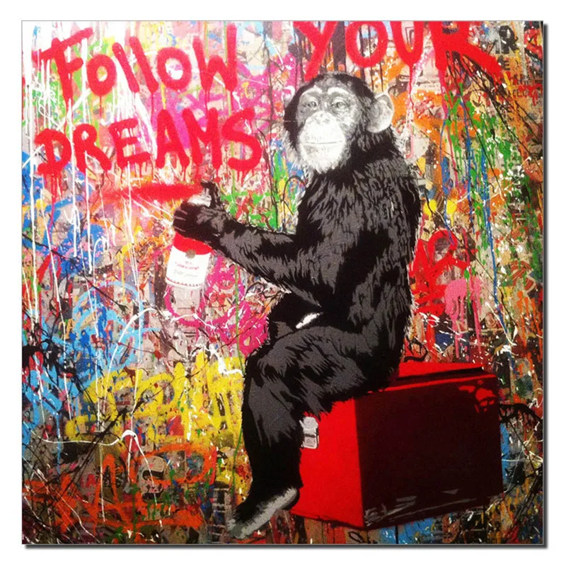 Preise Abbildung Dekorative Bild Leinwand Art Affe Schreiben Folgen Sie Ihrem Traum Malerei Auf Leinwand Graffiti Street Kunstwerk für Wohnzimmer