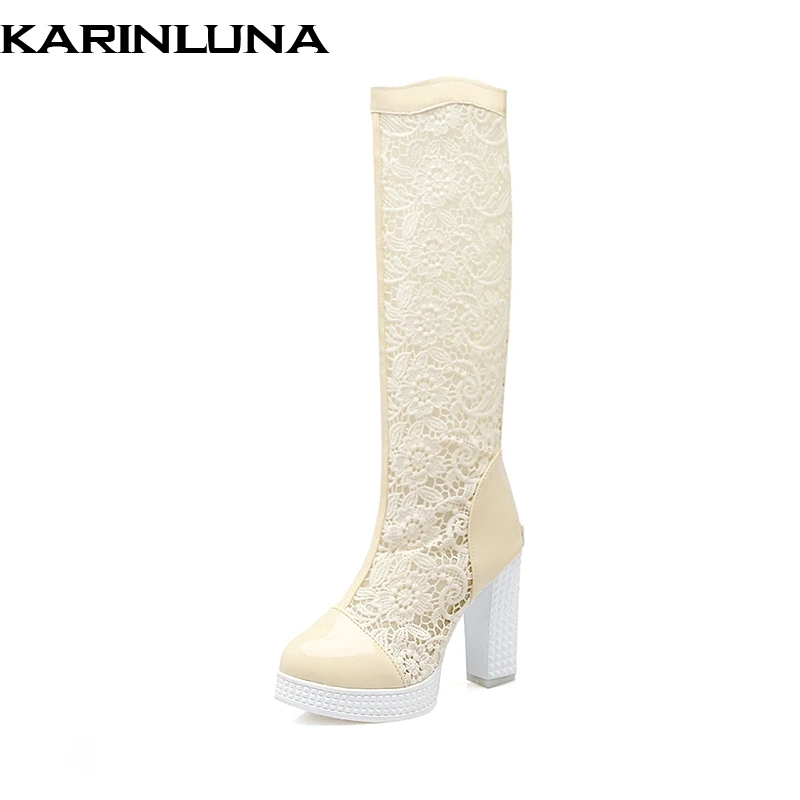 

KARINLUNA 2018 New Fashion Brand Mesh Summer Knee High Boots Women Big Size 33-43 Platform High Heels Shoes Woman