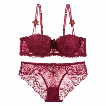 

2017 hot ultra-thin section lace bra brace sexy girl transparent temptation 1/2 half cup underwear gathered large yards bra set