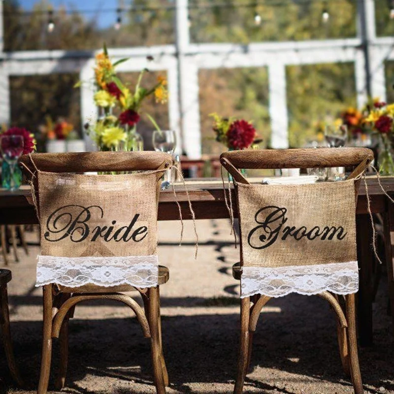 

Chair Sign Khaki "Groom Bride" Burlap Lace Banner Garland Rustic Wedding Decor Jute Hessian Photography Props DIY Materials