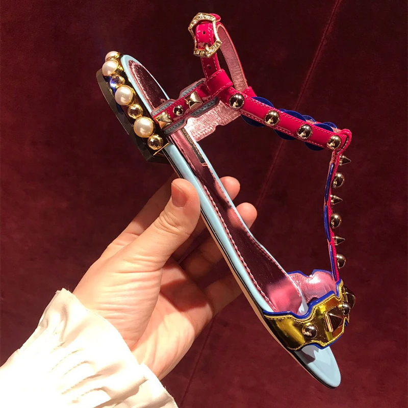 

Summer Students Pearl Rhinestones, and Open Toe Flat Roman Sandals Ladies Comfort Beach Shoes Multicolour Flat Sandals