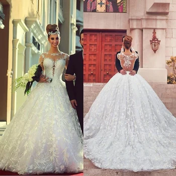 

Vestido De Novia 2017 Vestido Casamento White/Ivory Appliques Long Sleeve Lace Wedding Dresses Cathedral Train Transparent Back