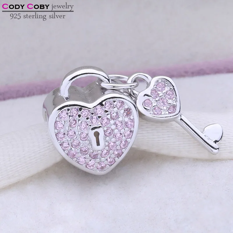 925 sterling silver lock of love charms with pink CZ Padlock beads fit