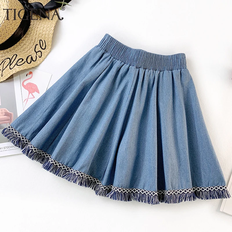 

TIGENA Sexy Mini Denim Skirts Women with Shorts 2019 Summer Fashion High Waist Jeans Skirt Female Korean Tassel School Skirt Sun
