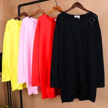 Brieuces Весна женщина бисером большой размер футболка женщина Дикий сплошной цвет свободный длинный рукав длинный джемпер