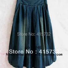 Новая мода, потертые водой джинсовые длинные юбки средней длины для женщин, плиссированные синие джинсовые юбки с эластичной резинкой на талии, повседневные