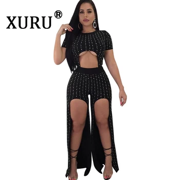 

XURU 2019 spring women's jumpsuit black short-sleeved umbilical beaded tight bodysuit urban casual jumpsuit