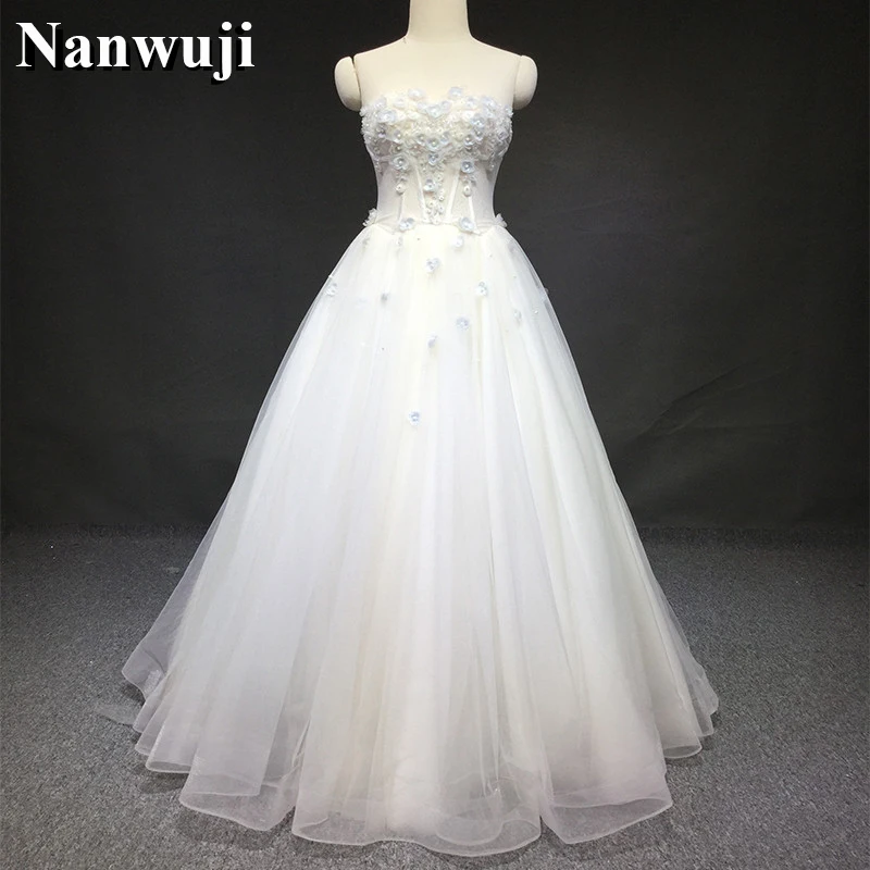 

Wedding Dress 2017 A-Line Organza Robe De Mariage Strapless Bridal Gowns Flowers With Pearls Wedding Dresses vestidos de novia