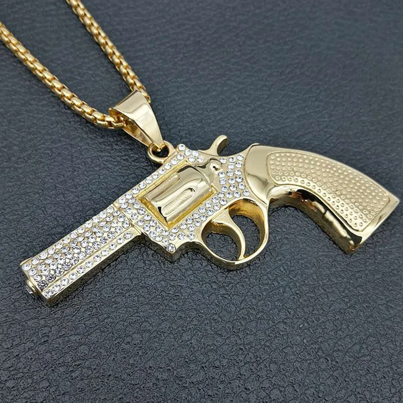 

Micro Paved AAA CZ Stone Iced Out Bling Big Revolver Gun Pendant Necklace Gold 316L Stainless Steel Men Hip Hop Rock Jewelry