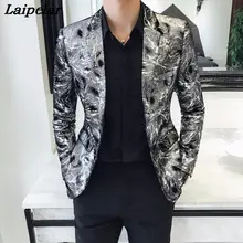 Americana Hombre Блейзер, Мужской приталенный Серебряный блейзер с принтом, Мужская одежда для сцены, умный Повседневный клубный наряд, Vetement Homme