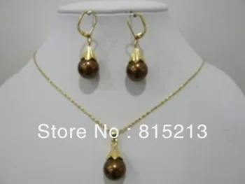

ddh00212 beautiful 12mm chocolate shell pearl pendant Necklace earrings set
