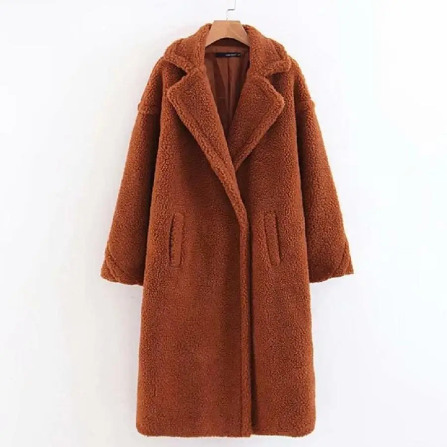 

Winter women's teddy jacket faux lamb fur coat shearling fluffy long overcoat female theken warm covered button outwear L1689