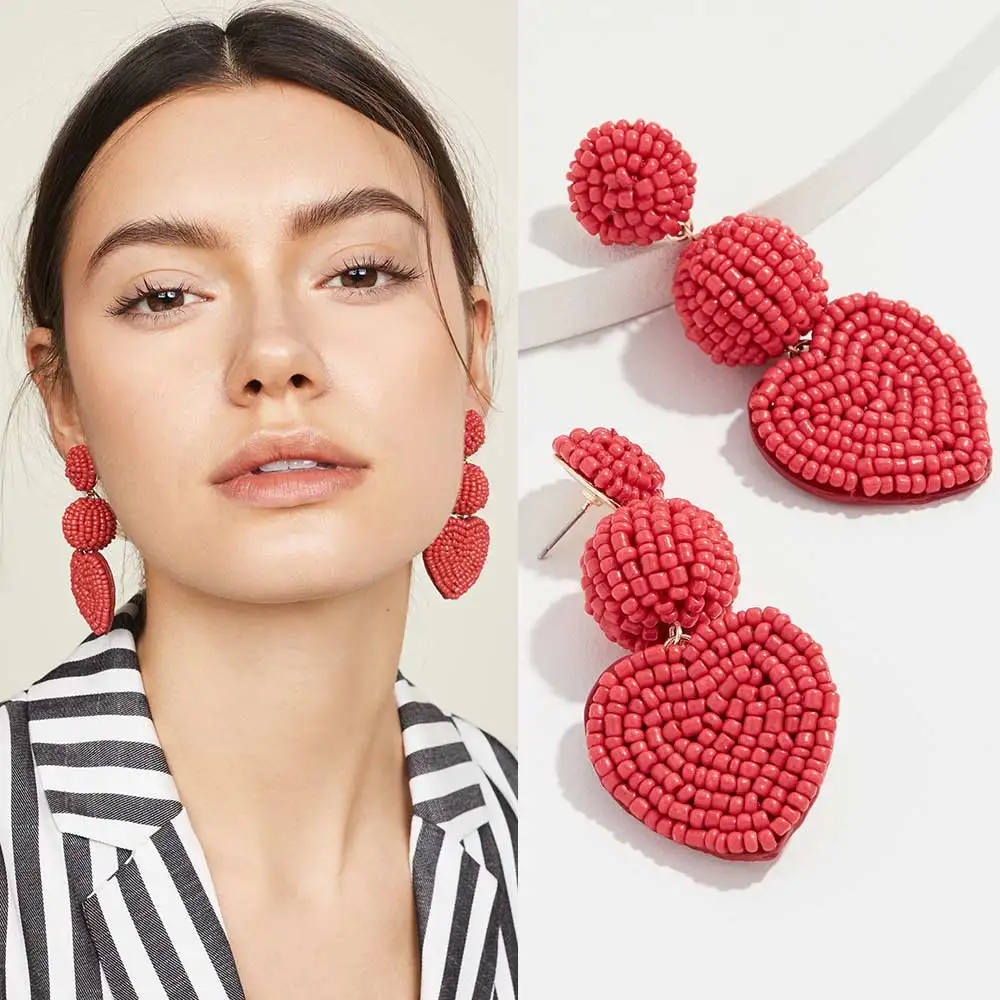 

Dvacaman Red Heart Beads Earrings for Women 2019 POMPOM Bohemian Jewelry Long Dangle Drop Earrings Wedding Party Gifts Wholesale