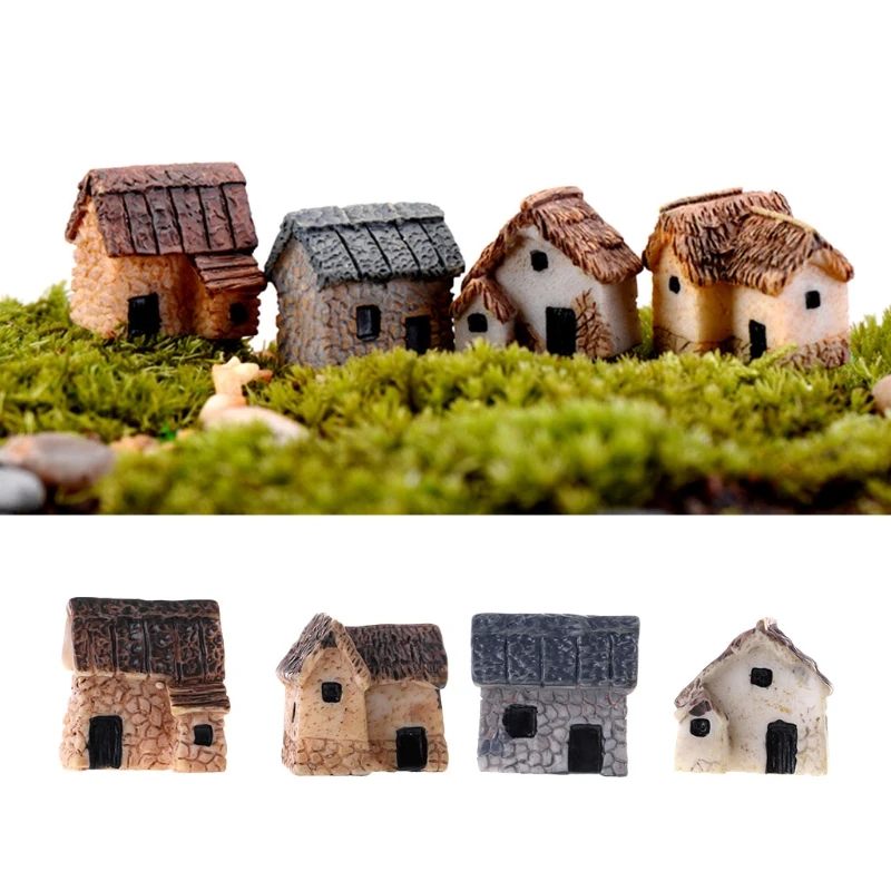 

OOTDTY 4Pcs/Set Miniature Gardening Landscape Micro Village Stone Houses Garden Decoration Resin Cute Mini Ornament