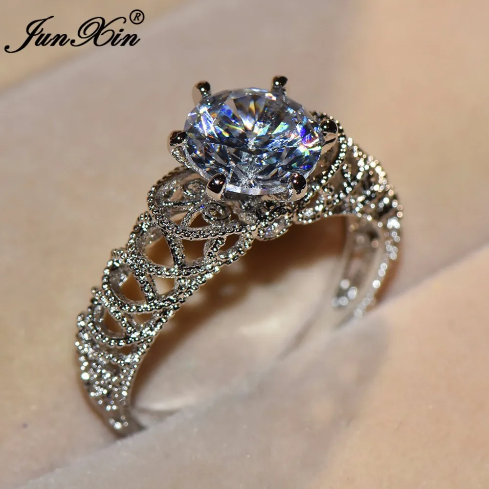

JUNXIN Simple CZ Round Finger Ring White Gold Color Promise Engagement Rings For Women Wedding Bands Fashion Jewelry