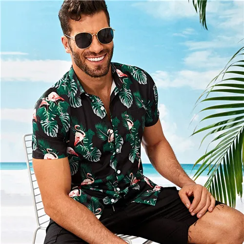ROMWE мужские летние пляжные рубашки с коротким рукавом и принтом в стиле бохо, мужские повседневные рубашки с отложным воротником на одной пуговице в богемном стиле - Цвет: flamingo print