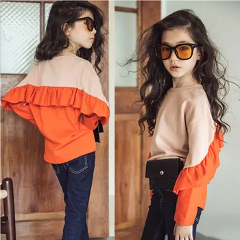 

fashion 2018 children long sleeve t shirts for teenage girls ruffles patchwork cotton tops kids tees clothing 5 6 8 10 12 Years
