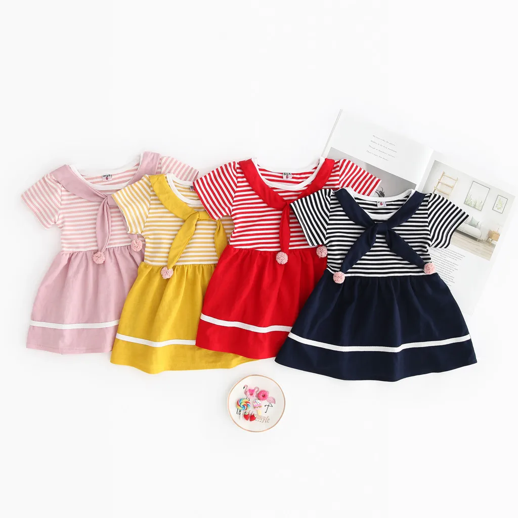 

4Color Striped Sailor Suit Summer Short Sleeve Toddler Kid Baby Girl Patchwork Pompon Striped Party Princess Dress Clothes Baby