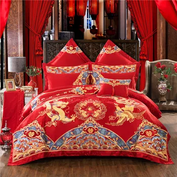

Deluxe Red Wedding 100% Cotton Bedding Suit Golden Phoenix Dragon Embroidered Down Bed Cover Bed Sheet Bed Cover Pillow Cove4/6p