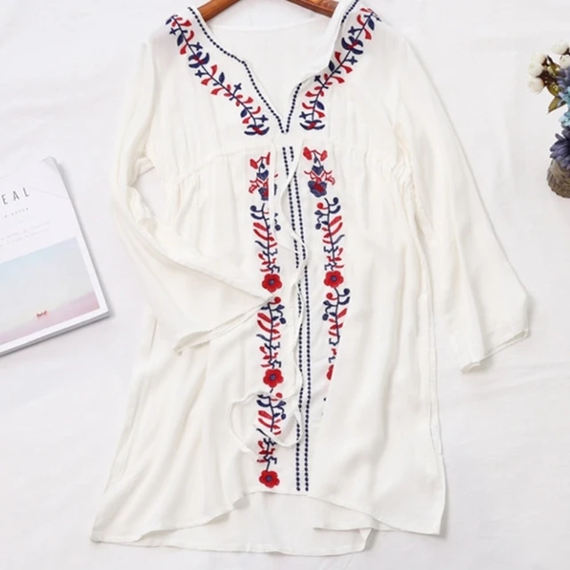 Special Offers Ethnic Embroidered Summer Beach Dress Cover-ups Tunics Women Bikini Bathing Suit Cover Up Long Sleeve Shirt Cardigan Blouse