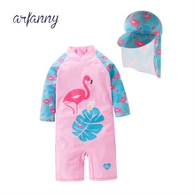 Цельный купальный костюм для маленьких девочек; Детский Розовый купальный костюм с длинными рукавами и изображением лебедя+ шляпа