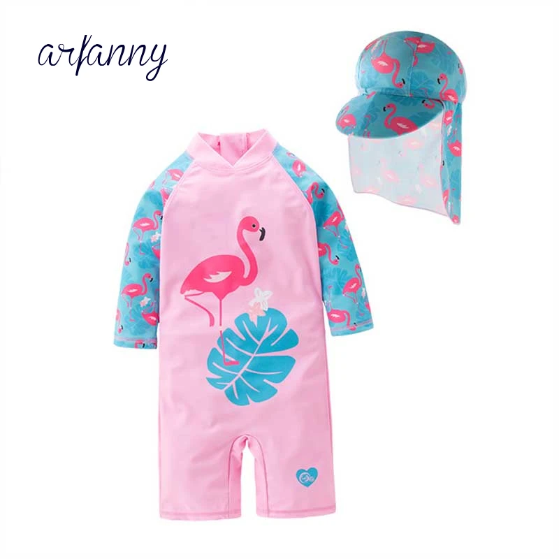 

Girls Baby One-piece Swimsuit 1-6Y Children's Long Sleeve Pink Swan Sun Spa Bathing Suit +Hat