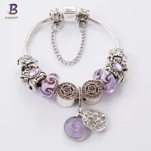 BAOPON античный 925 серебряный браслет и с фиолетовым круглым хрустальный кулон мяч для женщин Свадебные подарок ко Дню Святого Валентина