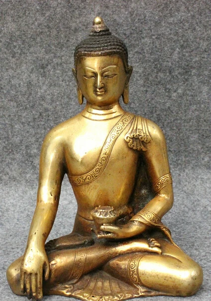 

007948 8" Folk Chinese Bronze Gilt Joss Shakyamuni Sakyamuni Buddha Bowl Statue Set