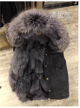 Новая осенне-зимняя куртка, пальто, женская джинсовая куртка с дырками, настоящий большой воротник из меха енота, с капюшоном, натуральный Лисий мех, толстая теплая подкладка - Цвет: photo color