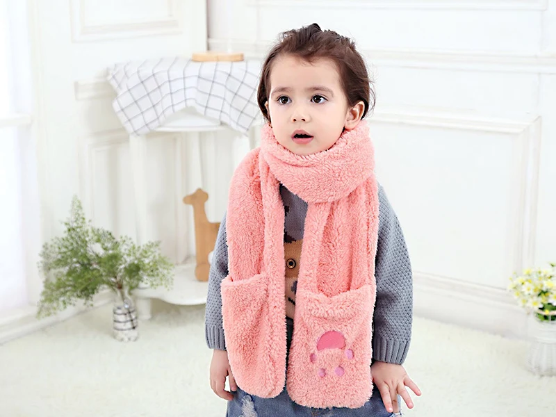 Fleece Baby Girls Neck Scarf Winter Kids Warm Scarves Super Soft Polyester Scarf Sweet Princess Pink Pocket Scarves Cute Red Bear's Paw (9)