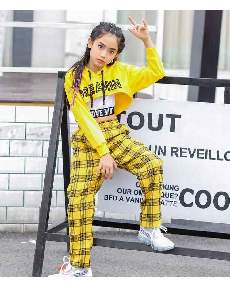 Menino e Menina Primavera e Outono Preto e Branco Crianças com Capuz Dança Traje Conjunto Xadrez Novas Umbilical Hip Hop Rua 9 Mamãe e Bebê