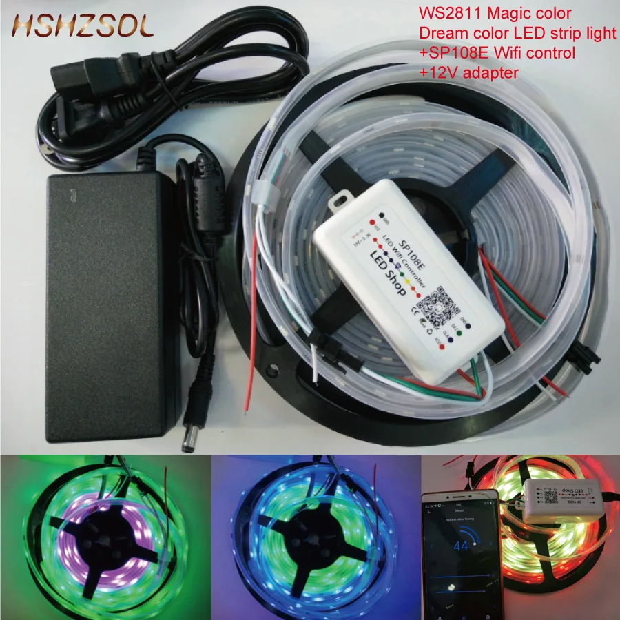 

IOS & android Sp108e Wifi control 5m DC12V ws2811ic 5050 RGB SMD addressable led pixel strip Flexible LED strip with 12V adapter