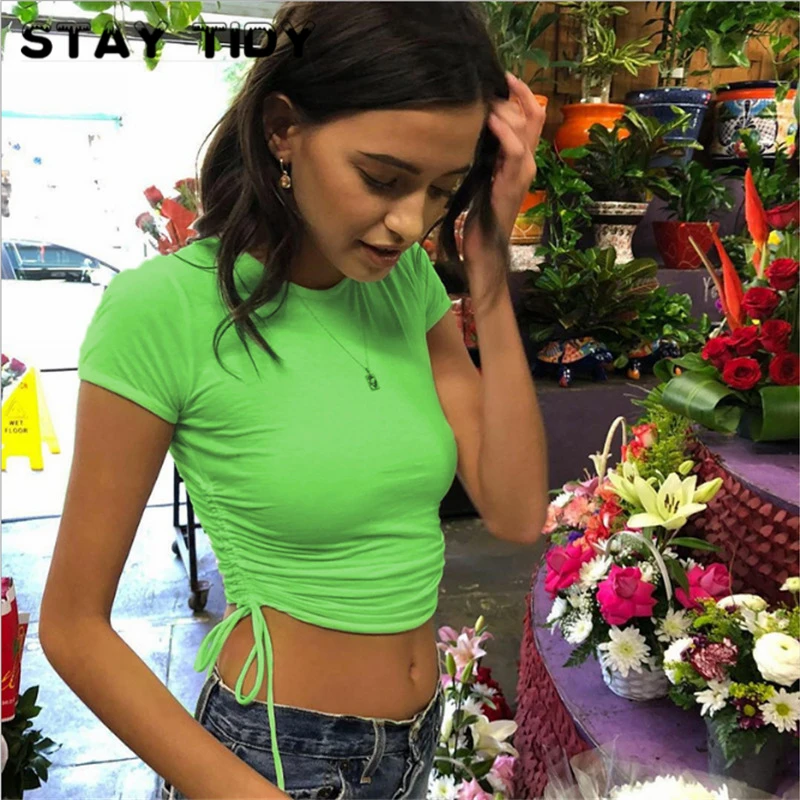 

STAY TIDY Solid Side Lace Up Drawstring Crop Tops Summer Women Short Sleeve O-Neck Slim T Shirt Female Casual Basic Tops Tees