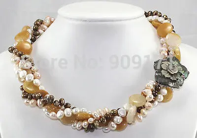 

Free Shipping>>4Strands Akoya Cultured Pearl & topaz beads Necklace 18''