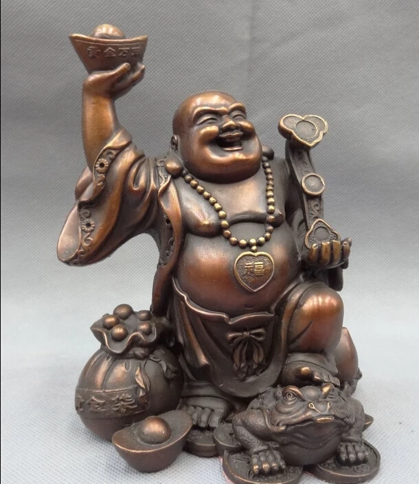 

Chinese Pure Bronze YuanBao Coin Bag RuYi Happy Maitreya Buddha Statue Hoptoad
