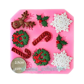 

3D Christmas Snow Flake Candy Cane Reindeer Xmas Holly Leaf Shape Silicone Fondant Cake Chocolate Baking DIY Tools Kitchen Mold