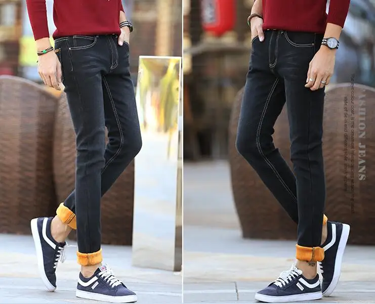 Mens Winter Thicken Stretch Denim Jeans Warm Fleece Jean Pants Trousers Size 32 33 34 35 36 38 40 42