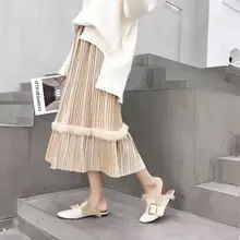 Новое поступление бархатная плиссированная юбка корейский стиль тонкая высокая талия кроличья шерсть сплайсинга женская длинная юбка одежда