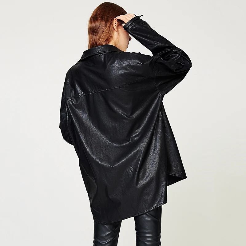 ESCALIEA Basic Jacket Women's Washed PU Leather Jacket Fashion Turn-down Collar Button Coats Free Size Casual Jacket