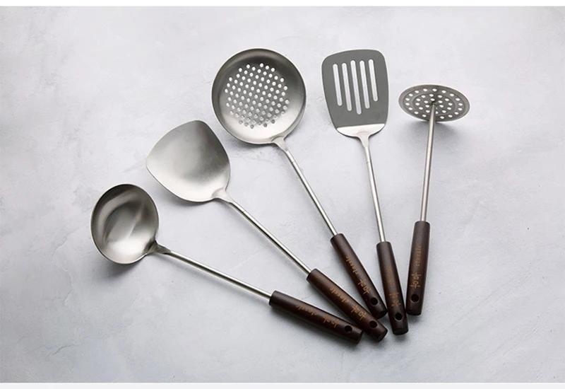 TUUTH 1Pcs Stainless Steel Cooking Tools Wooden Handle Spatula Colander Spoon Potato Presser Dinnerware Tableware Kitchen Tools B8