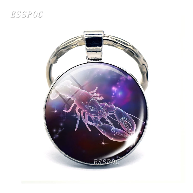 12 Constellation Keychain Zodiac Signs Glass Pendant Scorpio Sagittarius Capricorn Aquarius Alloy Keyring Jewelry Birthday Gifts - Цвет: Cancer