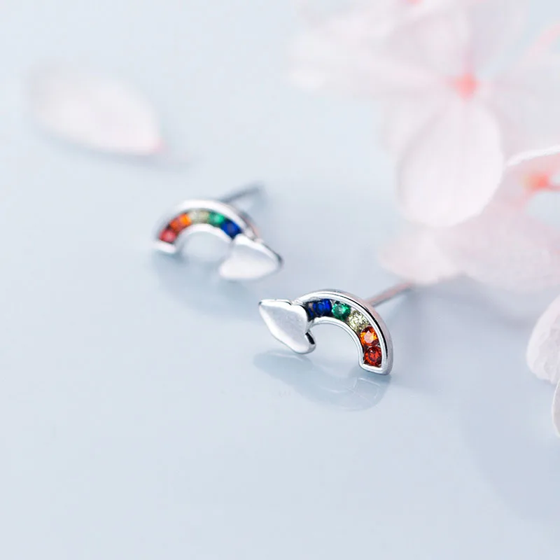 INZATT Real 925 Sterling Silver Cloud Zircon Rainbow Stud Earrings For Elegant Women Party Cute Fine Jewelry Accessories