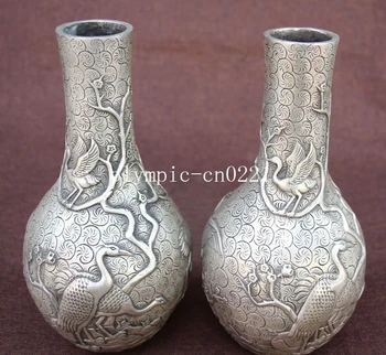 

Pair 8'' bronze copper silver plating carvings birds crane design vase statue