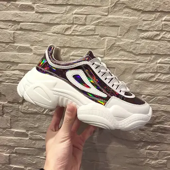 

Women Designer Sneakers Casual Shoes Ladies flats Footwear Walking Vulcanized Casual thick bottom Mirror surface Shoes 2019