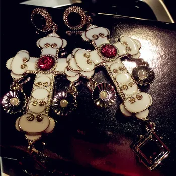 

New Euramerican Palace Vintage Pop Baroque Style Brand Jewelry Rhinestone Red Gem Cross Earrings Pendientes Women's Accessories